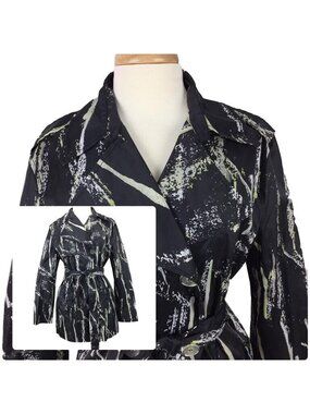 Melrose Windbreaker Womens Medium Thin Black Green Gray Belted Abstract Print Do